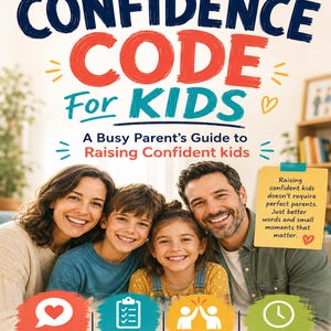 May include: The book cover for The Confidence Code for Kids by Rachel Morrow features a smiling family of four. The title is in large blue and red text. Four colourful icons at the bottom highlight features like a 28-day phrase bank and quick ideas.