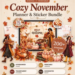 November Cute Digital Planner and Sticker Bundle, Cozy Fall Planner Stickers, Hyperlinked GoodNotes Planner, Printable Autumn Journal