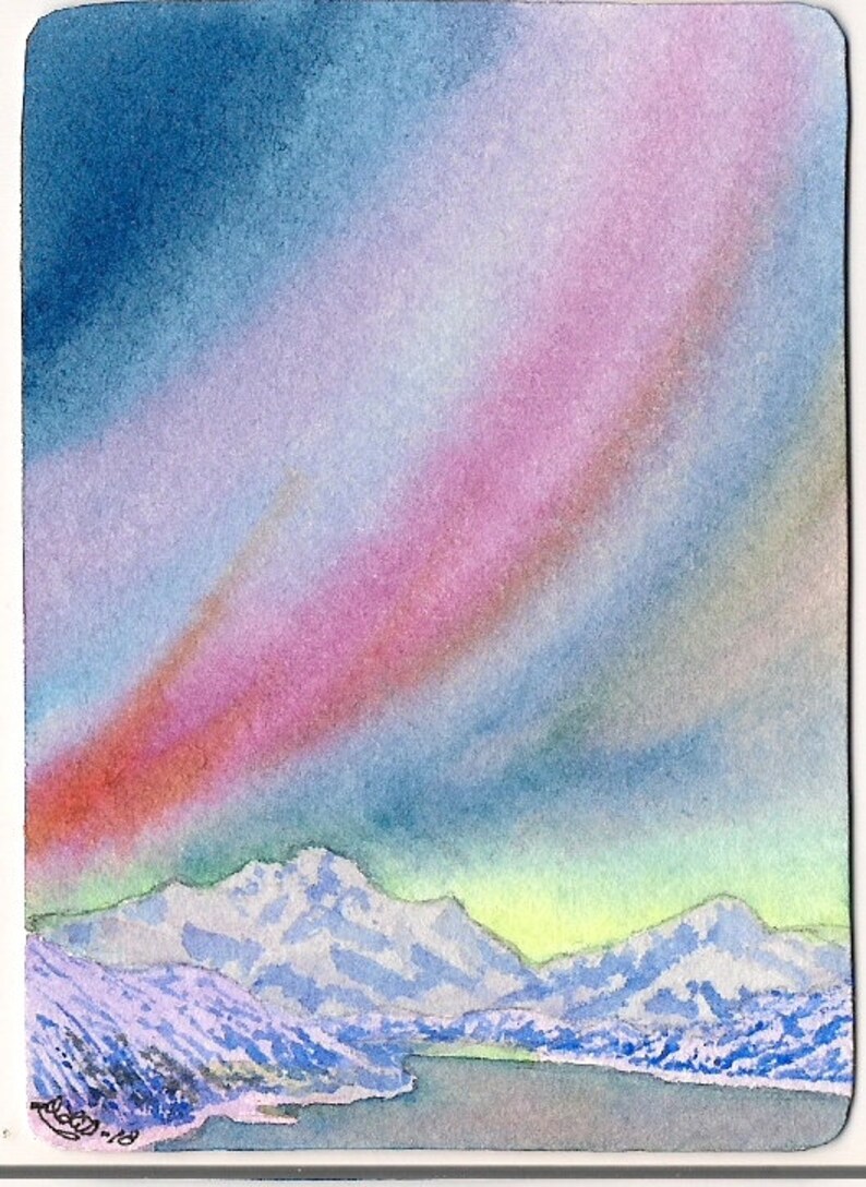 2.5 by 3.5 inches Aurora Watercolor Painting Miniature Watercolor Original ACEO