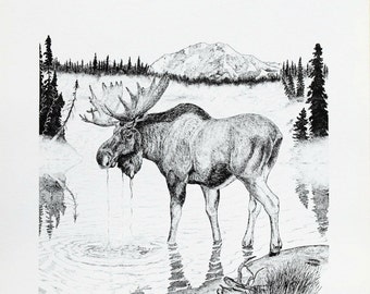 Moose, S/N Limited Edition Print of pen and ink wildlife drawing, one of Alaska's Big Four