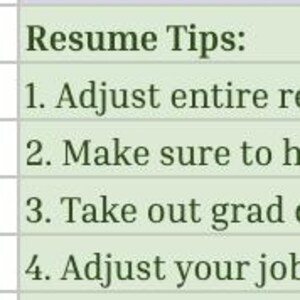 May include: A digital spreadsheet document featuring career advice categorised into sections titled Apply/Network, Update Your LinkedIn, Resume Tips, and Interview Tips. The text includes numbered lists with instructions for job seekers and professional networking.