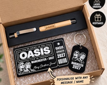 Personalised Concert Ticket Reveal Gift Box | Personalised Announcement Gift | Engraved Keepsake Ticket, Keyring & Pen | Engraved 2027 Xmas