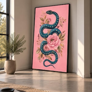 Elegantes Wandbild mit blauer Schlange auf Leinwand, florale Schlangenillustration, rosa Hintergrund, Naturdekor, fertig zum Aufhängen, Dekoration für Ihr Zuhause