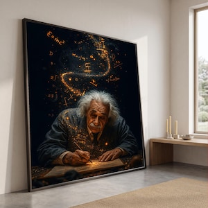 Inspirational Genius Writing Canvas Wall Art, Albert Einstein Portrait, Science and Mathematics Illustration, Educational Home Decor,