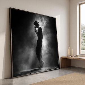 Iconic Dance Pose Silhouette Canvas, Michael Jackson Tribute Wall Art, Black and White Home Decor, Music Legend Canvas Print, Dramatic