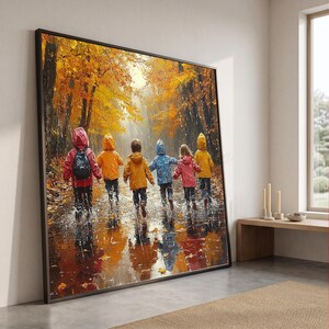 Passeggiata autunnale per bambini, Tela con impermeabili colorati, Sentiero autunnale nel bosco, Arte all'aperto per bambini, Decorazione murale stagionale a tema natura, Pittura materica