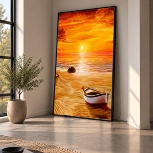 Cuadro de pared en lienzo con barco al atardecer en la playa, pintura de paisaje marino naranja, lienzo de paisaje costero, decoración náutica para el hogar, vista tranquila del océano, listo para colgar.