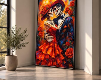 Romantic Skeleton Couple Dance, Dia de los Muertos Canvas, Vibrant Red Roses, Mexican Love Art, Colorful Abstract Wall Decor, Ready to Hang