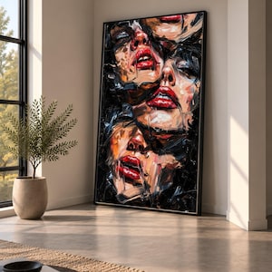 Bold Abstract Faces Canvas, Modern Expressionist Wall Art, Red Lips Portrait Painting, Textured Brushstroke Canvas, Contemporary Home Decor