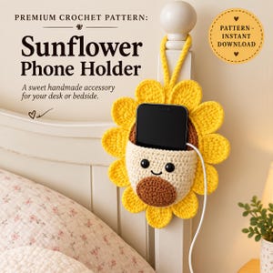Häkelanleitung für einen Handyhalter in Sonnenblumenform, Amigurumi-Tutorial (Digitaler Download)