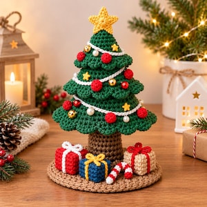 May include: A crocheted Christmas tree with a brown trunk and green foliage, topped with a yellow star. The tree is decorated with white yarn garlands, red spheres, and gold beads. Three small crocheted gift boxes and a candy cane sit at the base.