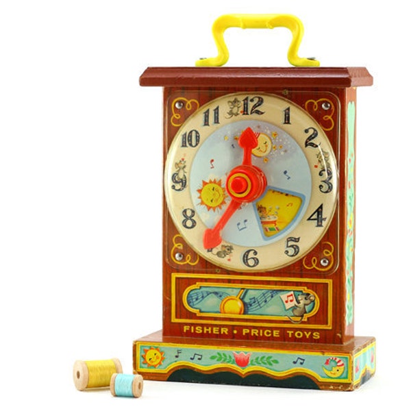 Vintage Fisher Price Music Box: Tick-Tock Teaching Clock - Retro Music Box, Learning, Sunshine, Bright - Yellow, Brown, Red - 1960's