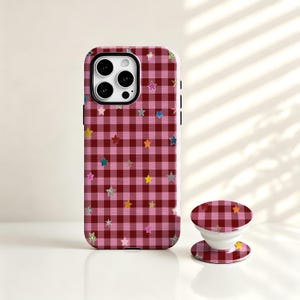 Burgundy Pink Gingham Star Case For iPhone 18 17 16 15 14 13 12 11 ProMax/Plus/Mini,Samsung S26 S25 S24 S23,Matte/Glossy