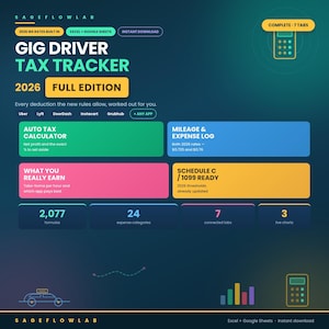 May include: A digital Gig Driver Tax Tracker 2026 Full Edition spreadsheet for Excel and Google Sheets. Features include an auto tax calculator, mileage and expense log with 2026 rates of $0.725 and $0.70, earnings analysis, and Schedule C 1099 readiness.