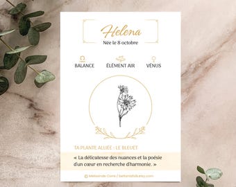 Carte Balance Personnalisée – Herbier Astrologique Bleuet – Prénom & Date au Choix – Fichier Numérique PDF PNG A6 (24–48h)