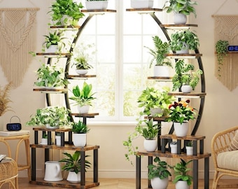 9-Tier Rustic Metal Wood Plant Stand with Grow Lights (2 Pack)
