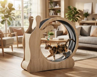 Large Wooden Cat Exercise Wheel, 3-in-1 Indoor Activity Center, Climbing & Scratcher Furniture