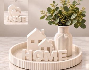 Conjunto de decoração neutra para casa, bandeja canelada e vaso, decoração "LAR" ou "AMOR", centro de mesa minimalista, decoração de prateleira, presente de boas-vindas, estilo moderno