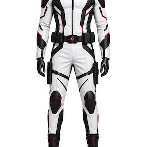 Puede incluir: Un mono táctico de cuerpo completo en blanco, negro y rojo. El traje cuenta con cuello alto, cremallera frontal, hombreras, un cinturón utilitario con bolsillos, rodilleras y botas de combate negras. Un emblema rojo y negro está en el pecho.