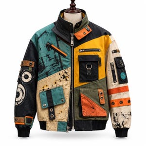 Op de afbeelding: Een veelkleurig bomberjack met een patchworkontwerp in zwart, blauwgroen, geel, oranje en crème. Het jack bevat meerdere utility-zakken, metalen ritsen, D-ringen, oogjesdetails en een grafische print van cirkelvormige luidsprekers op de mouw.