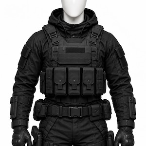 Könnte beinhalten: Eine schwarze taktische Weste über einer schwarzen Kapuzenjacke. Die Weste verfügt über mehrere modulare Taschen, verstellbare Riemen und robuste Schnallen an Brust und Taille. Das Set umfasst passende schwarze taktische Handschuhe und einen Gürtel.