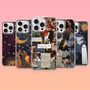 May include: Five smartphone cases featuring diverse designs. One shows a sun and stars, another a crescent moon, a central collage with the text Practical Magic and Midnight Margaritas, a film-inspired scene, and one with a ghost and cat.