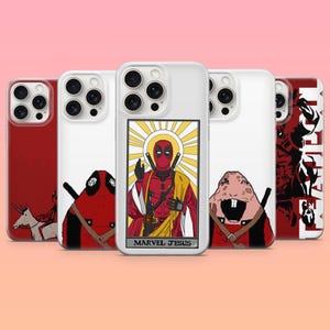 May include: Five clear phone cases featuring Deadpool-themed graphics. The centre case displays a character in a red suit with a yellow robe and halo, labelled Marvel Jesus. Other cases show a character on a unicorn, a close-up, and a stylised silhouette.