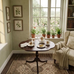 Puede incluir: Una mesa de pedestal de madera marrón oscuro con borde festoneado, que presenta un juego de té de porcelana blanca con motivos florales, un plato pequeño con un trozo de pastel y una servilleta blanca, sobre una alfombra beige y marrón.