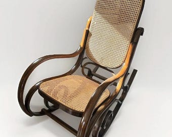Fauteuil à bascule en bois courbé style Michael Thonet années 1970, fauteuil bohème