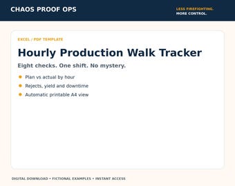 May include: A digital template titled Hourly Production Walk Tracker for Excel and PDF. The text includes Chaos Proof Ops, Less Firefighting. More Control., Eight checks. One shift. No mystery., Plan vs actual by hour, Rejects, yield and downtime, and Automatic printable A4 view.