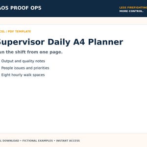 Puede incluir: Una plantilla digital de planificador diario A4 para supervisores en formatos Excel y PDF. El documento incluye el texto Chaos Proof Ops, Less Firefighting. More Control., y secciones para notas de calidad, asuntos de personal y recorridos horarios.