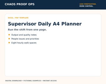 May include: A digital Supervisor Daily A4 Planner template in Excel and PDF formats. The document features the text Chaos Proof Ops, Less Firefighting. More Control., and lists sections for output and quality notes, people issues, and hourly walk spaces.
