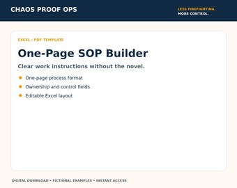 May include: A digital One-Page SOP Builder template in Excel and PDF formats. The graphic features the text Chaos Proof Ops, Less Firefighting. More Control., One-Page SOP Builder, Clear work instructions without the novel, and bullet points.