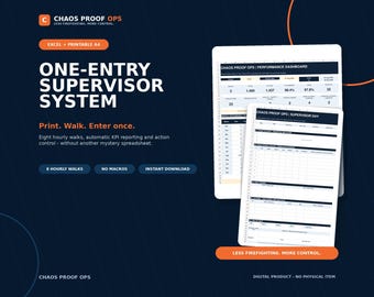 May include: A digital One-Entry Supervisor System template featuring a dark blue background with orange accents. The text includes Chaos Proof Ops, Print. Walk. Enter once., and Less firefighting. More control. Two white A4 document pages are displayed.