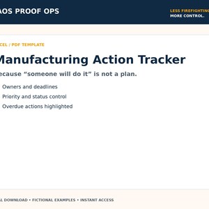 Puede incluir: Una plantilla digital titulada Manufacturing Action Tracker con el subtítulo Because someone will do it is not a plan. Enumera características que incluyen propietarios y plazos, control de prioridad y estado, y acciones vencidas resaltadas.