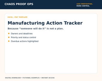 May include: A digital template titled Manufacturing Action Tracker with the subtitle Because someone will do it is not a plan. It lists features including owners and deadlines, priority and status control, and overdue actions highlighted.