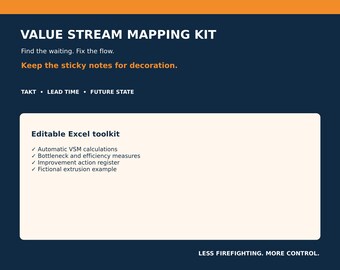 May include: A Value Stream Mapping Kit digital toolkit featuring a dark blue background with orange accents. Text includes: Value Stream Mapping Kit, Find the waiting. Fix the flow. Keep the sticky notes for decoration. Takt, Lead Time, Future State, Editable Excel toolkit, Automatic VSM calculations, Bottleneck and efficiency measures, Improvement action register, Fictional extrusion example, Less firefighting. More control.