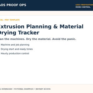 Puede incluir: Una plantilla de Excel y PDF titulada Extrusion Planning & Material Drying Tracker. El documento incluye secciones para la planificación de máquinas y trabajos, tiempos de secado y control de producción por hora, con el texto Chaos Proof Ops.