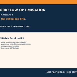 May include: A dark blue digital graphic titled WORKFLOW OPTIMISATION with the text Map it. Measure it. Fix the ridiculous bits. It lists WORKFLOW LOG, DASHBOARD, SOP and an Editable Excel toolkit with a work and waiting-time tracker, dashboard, backlog, and SOP builder.