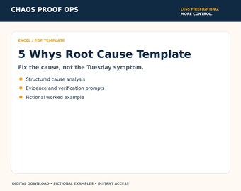May include: A digital template titled 5 Whys Root Cause Template for Excel and PDF. The document includes the text Chaos Proof Ops, Less Firefighting. More Control., Fix the cause, not the Tuesday symptom., and lists structured cause analysis, evidence and verification prompts, and a fictional worked example.