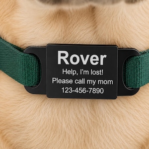 May include: A dark green fabric collar featuring a rectangular black metal identification tag. The tag is engraved with the white text: Rover, Help, I'm lost!, Please call my mom, and the phone number 123-456-7890, centered on the collar strap.