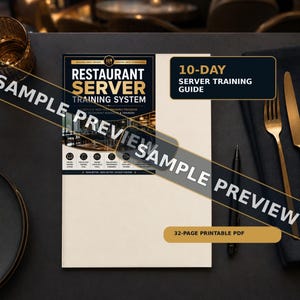 May include: A 32-page printable PDF restaurant server training system guide. The cover features the text 'RESTAURANT SERVER TRAINING SYSTEM' and '10-DAY SERVER TRAINING GUIDE' in white and gold lettering against a dark blue and cream background.
