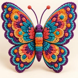 May include: A crochet butterfly featuring a vibrant color palette of purple, teal, orange, and pink. The wings display intricate textured patterns with scalloped edges, while the central body is striped in rainbow hues with two antennae.