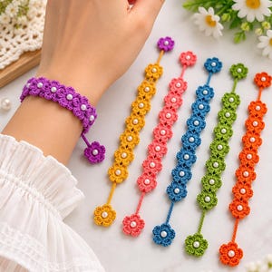 Patrón de pulsera de flores a crochet, patrón de cadena de flores a crochet con cuentas, patrón de joyería floral a crochet en PDF