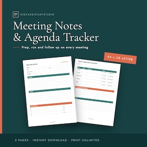 Può includere: Un modello digitale per note di riunione e agenda con due pagine bianche e accenti verde scuro e arancione. Il testo include Meeting Notes, Agenda, Notes, Action Items e Weekly Meetings Overview. Un'etichetta indica il formato A4 + US Letter.