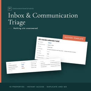 May include: A digital Notion template for inbox and communication triage on a dark green background. The text reads Inbox & Communication Triage, Nothing sits unanswered, and Notion Template. It displays a task list with properties like Category, Date Received, From, and Message.