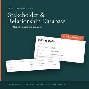 May include: A digital Stakeholder & Relationship Database Notion template on a dark green background. The graphic displays a contact card for Marcus Webb and a table view with columns for name, birthday, communication preference, company, and email.