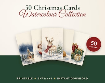 50 Printable Christmas Cards, Watercolour Christmas Card Bundle, 5x7 and 4x6 Instant Download