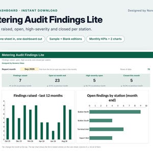 May include: An Excel dashboard titled Metering Audit Findings Lite, designed by Noreens Obias. The interface displays data for findings raised, open, high-severity, and closed per station, featuring a bar chart and a horizontal bar graph.