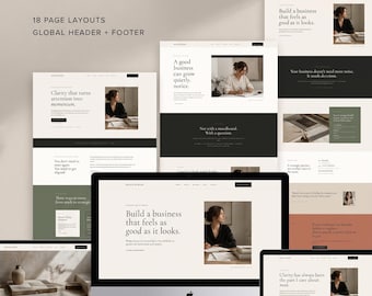 May include: A digital website template kit titled Maeve & Moss Divi 4, featuring 18 page layouts with a global header and footer. The design displays various web pages on computer screens, showcasing text, photography, and color blocks in neutral tones.
